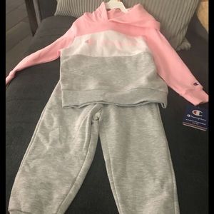 Champion girls 3T candy pink grey white 2 pc sweatsuit with pullover hoodie